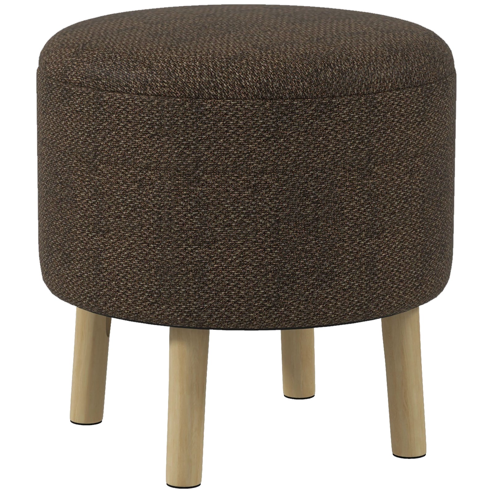 Round Ottoman Stool with Storage, Linen Fabric Upholstered Foot Stool with Padded Seat, Hidden Space and Wood Legs
