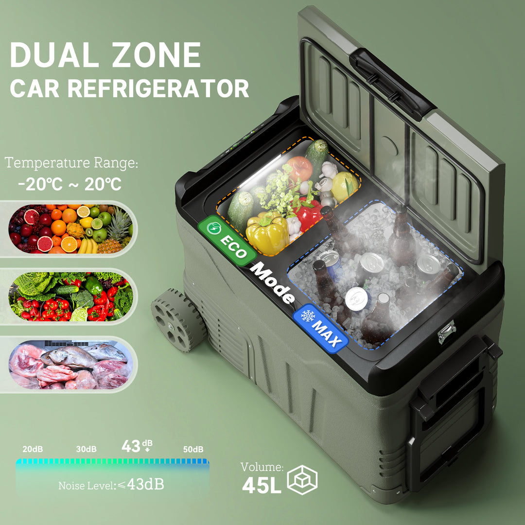 45L Two Compartment Car Fridge Cooler - Green