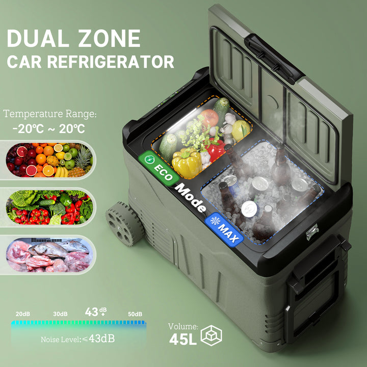 45L Two Compartment Car Fridge Cooler - Green