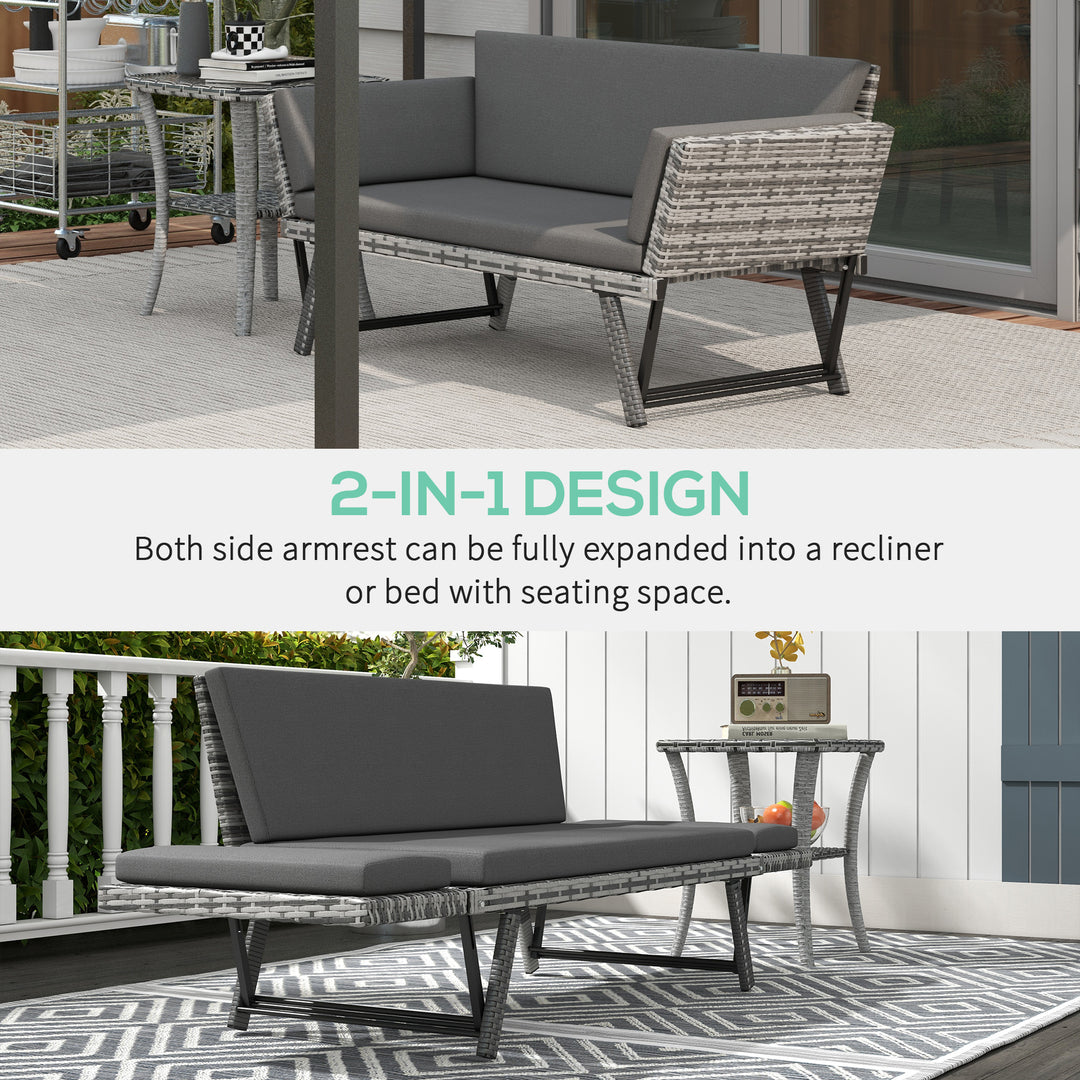 2 Seater Rattan Sofa with Cushions, 2-in-1 PE Rattan Daybed Sofa with Left Up or Down Armrests, Garden Chaise Lounger Loveseat for Outdoor, Patio, Mixed Grey