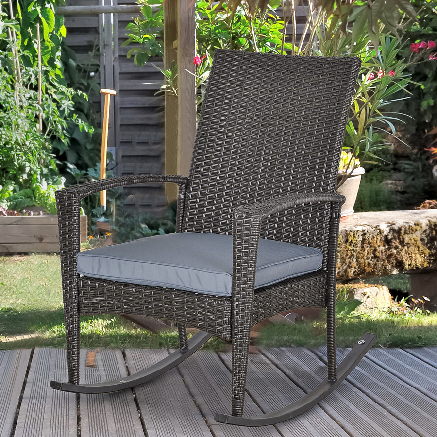 Outdoor PE Rattan Rocking Chair, Garden Rocking Chair Set with Armrest and Cushion, Grey