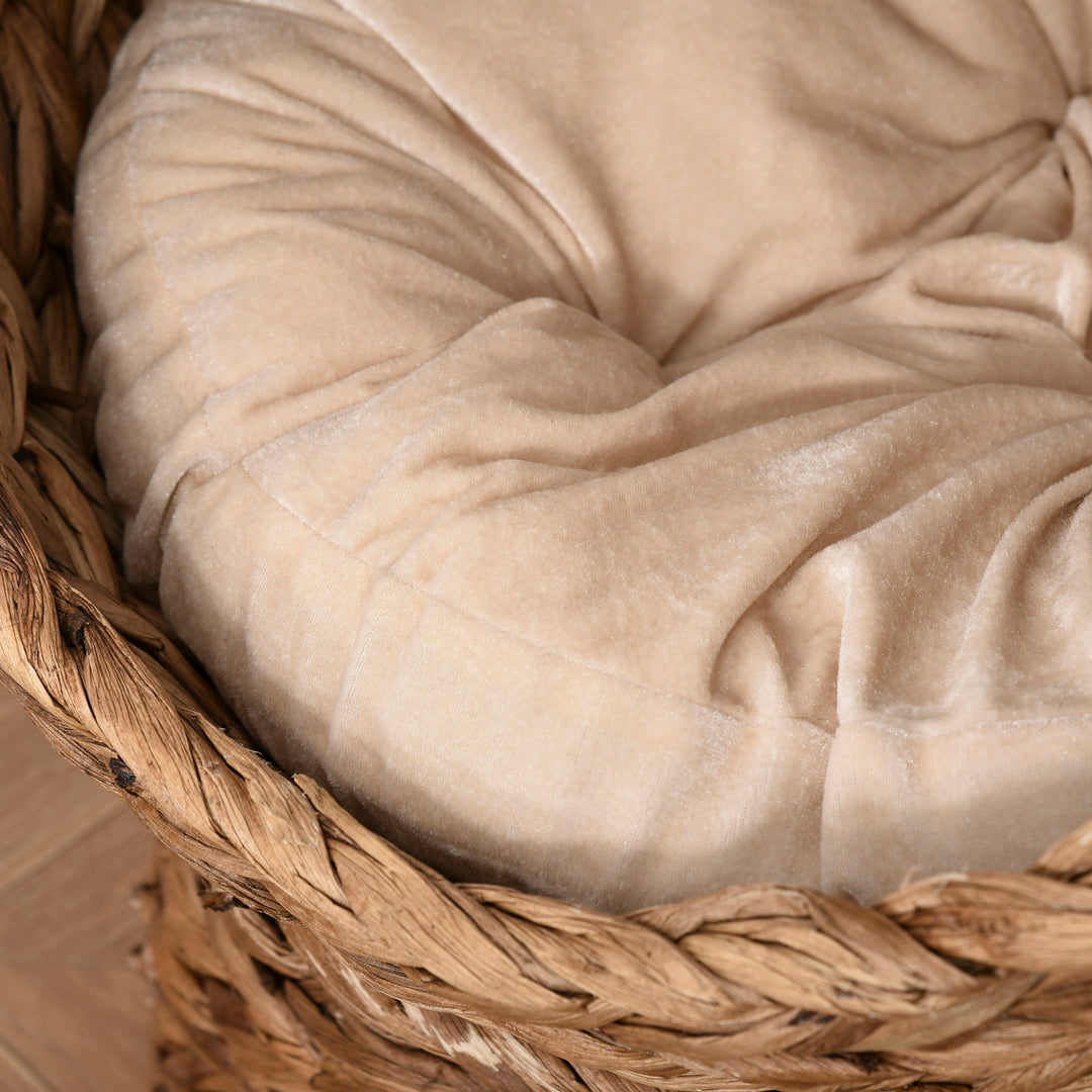 Wicker Cat Bed, Raised Rattan Cat Basket with Cylindrical Base, Soft Washable Cushion, 50 x 42 x 60 cm - Brown