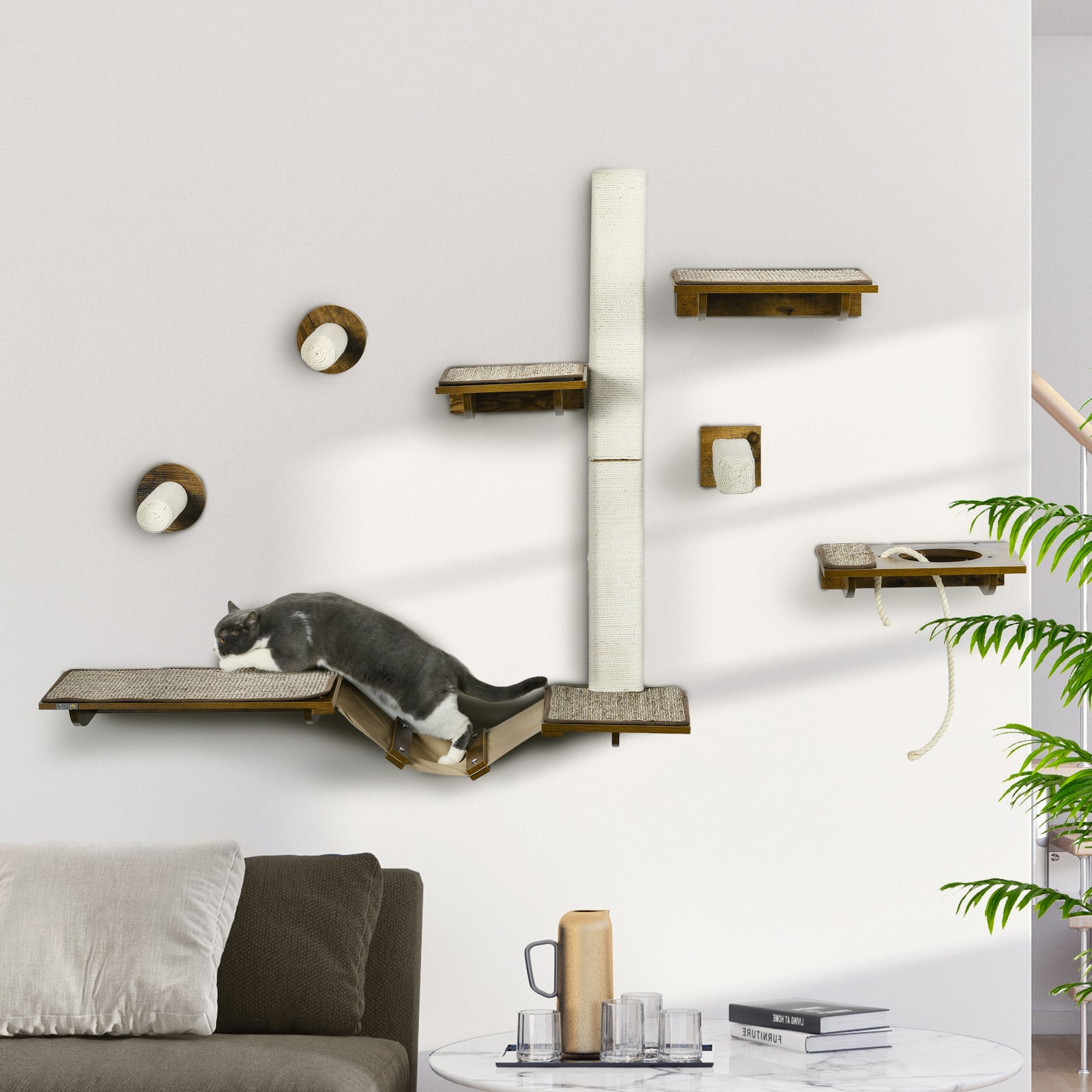 8Pcs Wall Mounted Cat Tree with Scratching Posts, Perches, Ladder, for Sleeping, Playing, Lounging - Brown