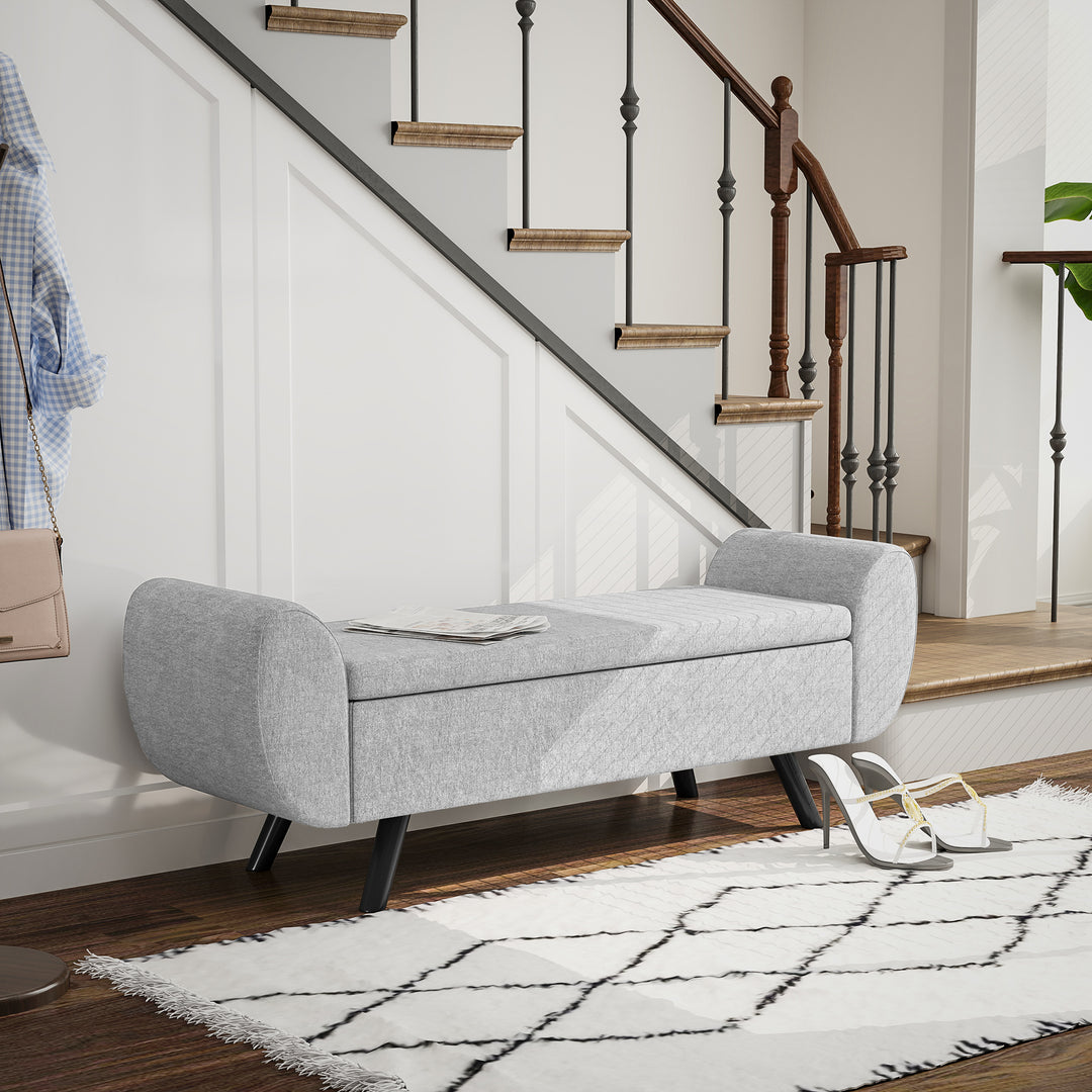 Storage Ottoman with Armrest, Upholstered Linen Storage Bench, Window Seat with Rubberwood Legs, Footstool for Bedroom Living Room, Hallway, Dark Grey