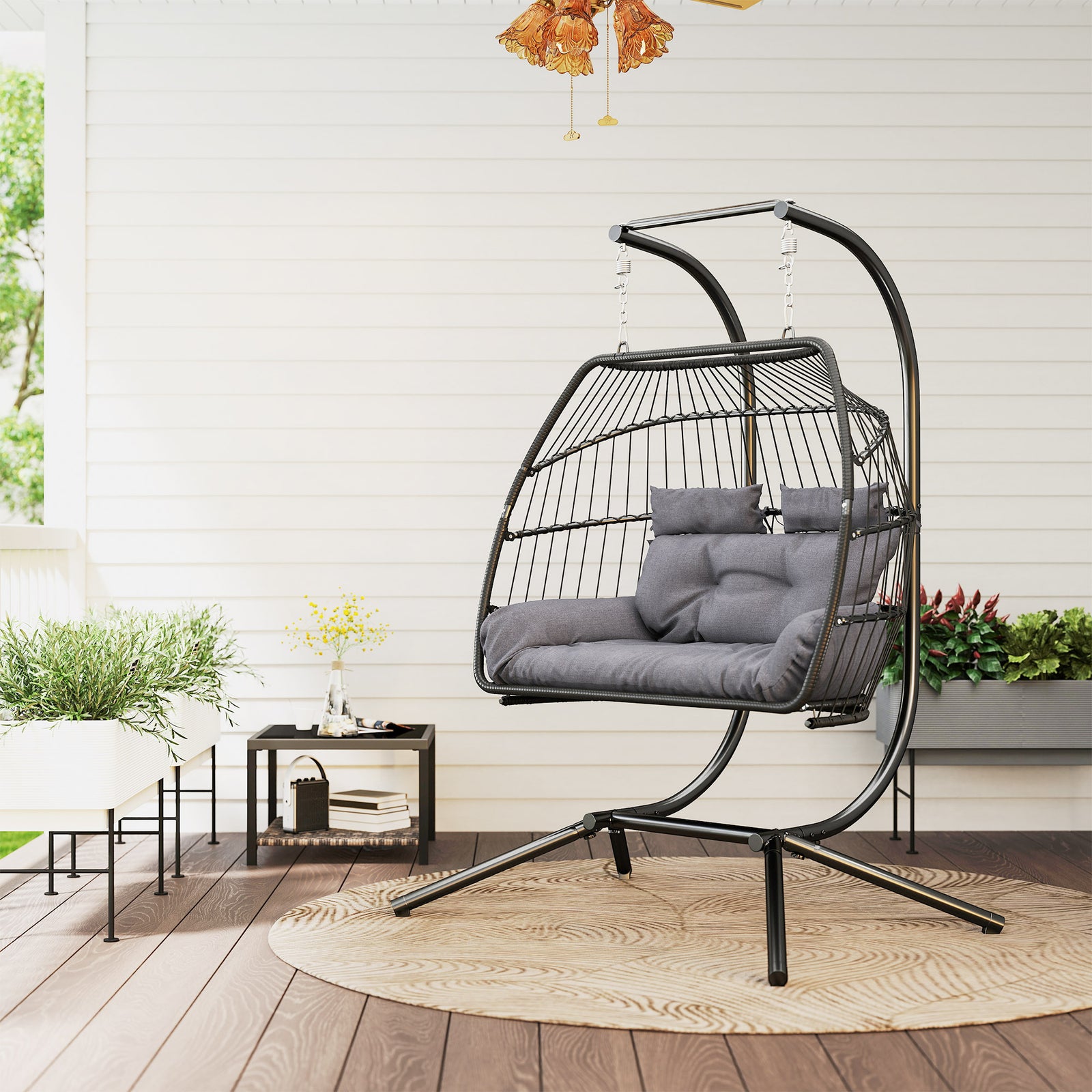 Rattan Double Hanging Egg Chair with Stand, Foldable Wicker Swing Egg Chair with Cushion, Head Pillows, Steel Frame, Hammock Chair for Indoor Outdoor, Capacity 260 kg, Dark Grey