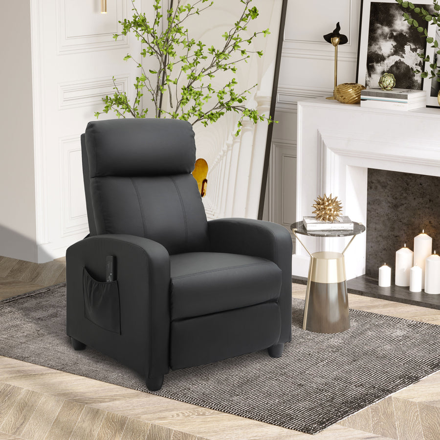 Recliner Armchair, Massage Faux Leather Push Back Reclining Chair with Adjustable Leg Rest, Side Pocket, for Home Living Room Theatre, Black