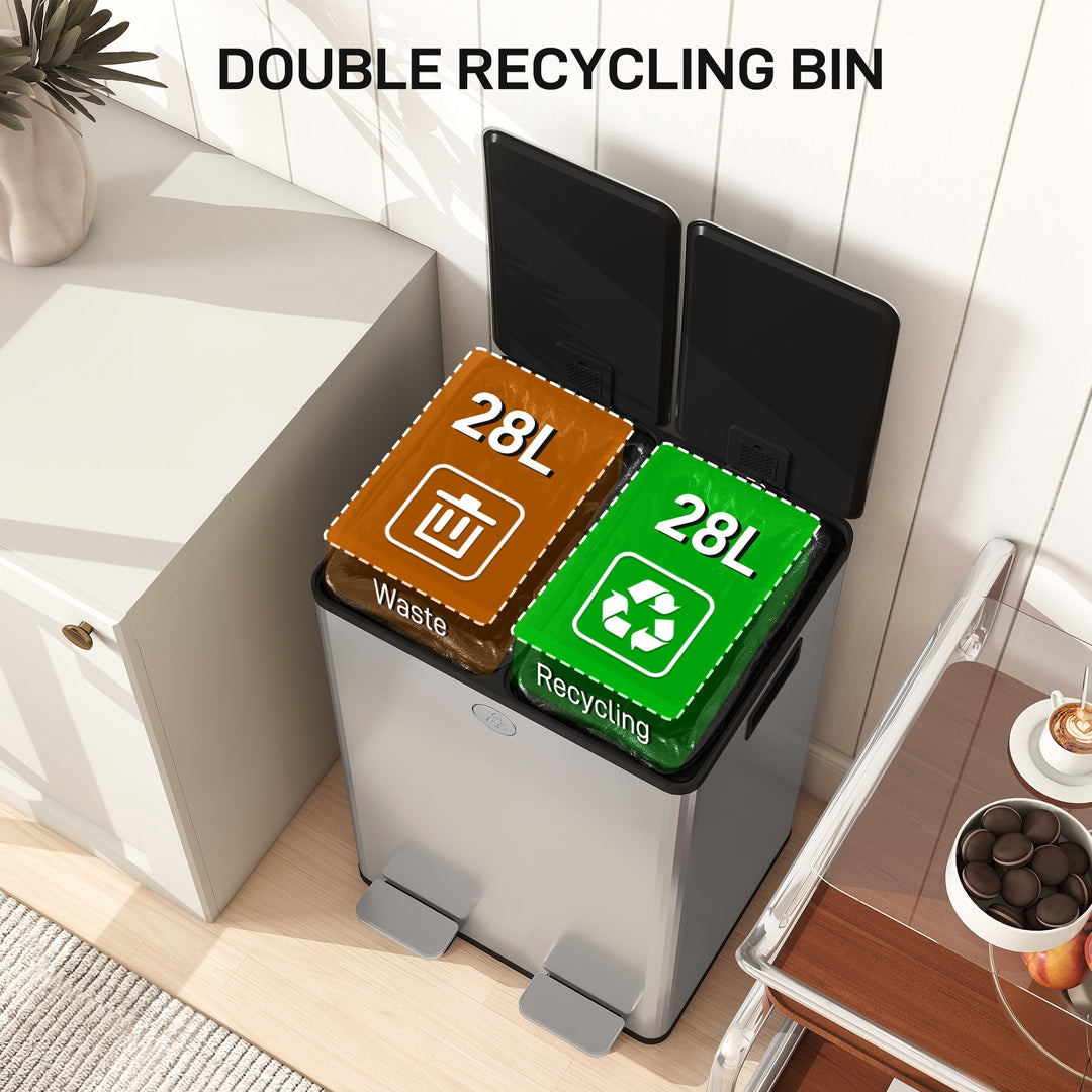 56L Dual Compartment Stainless Steel Bin, with Deodoriser Holders - Si