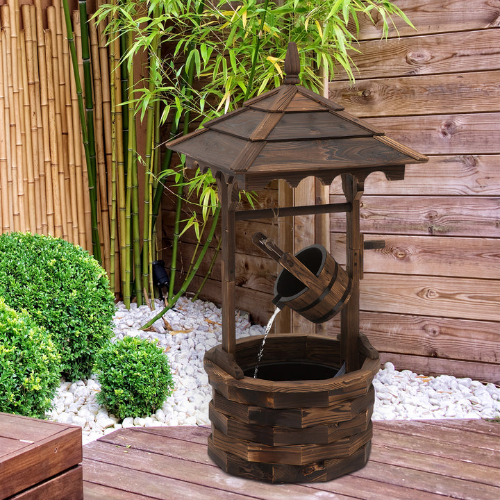 MCL Wooden Garden Wishing Well Fountain Barrel Waterfall Rustic Wood with Pump Garden Décor Ornament