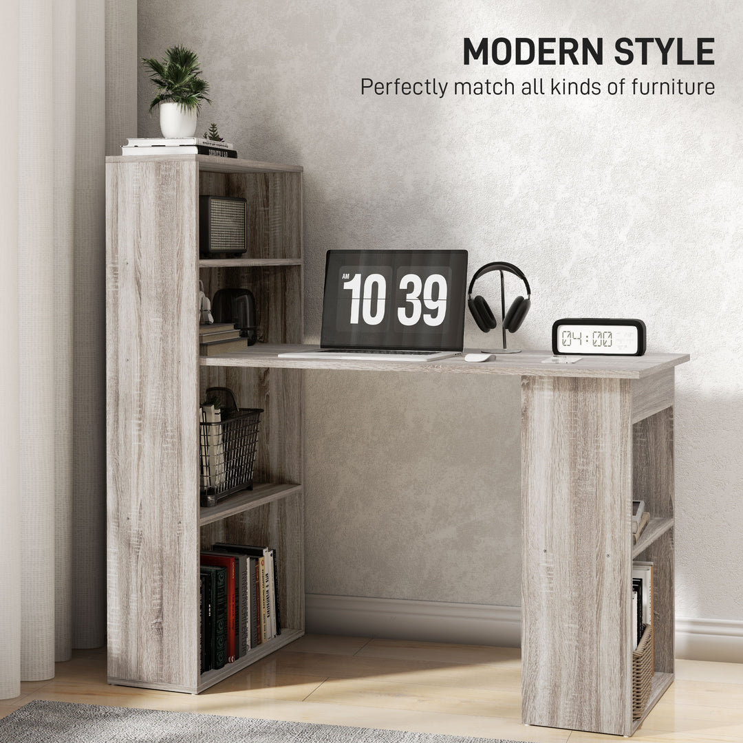 120cm Computer Desk, Wooden PC Laptop Table with 6-Tier Storage Bookshelves, Home Office Working Study Desk, Writing Workstation, Grey