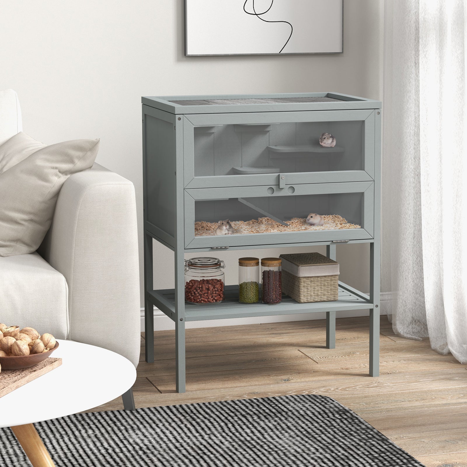 Wooden Hamster Cage 3 Tier House w/ Storage Shelf, Openable Top for Gerbils, Grey