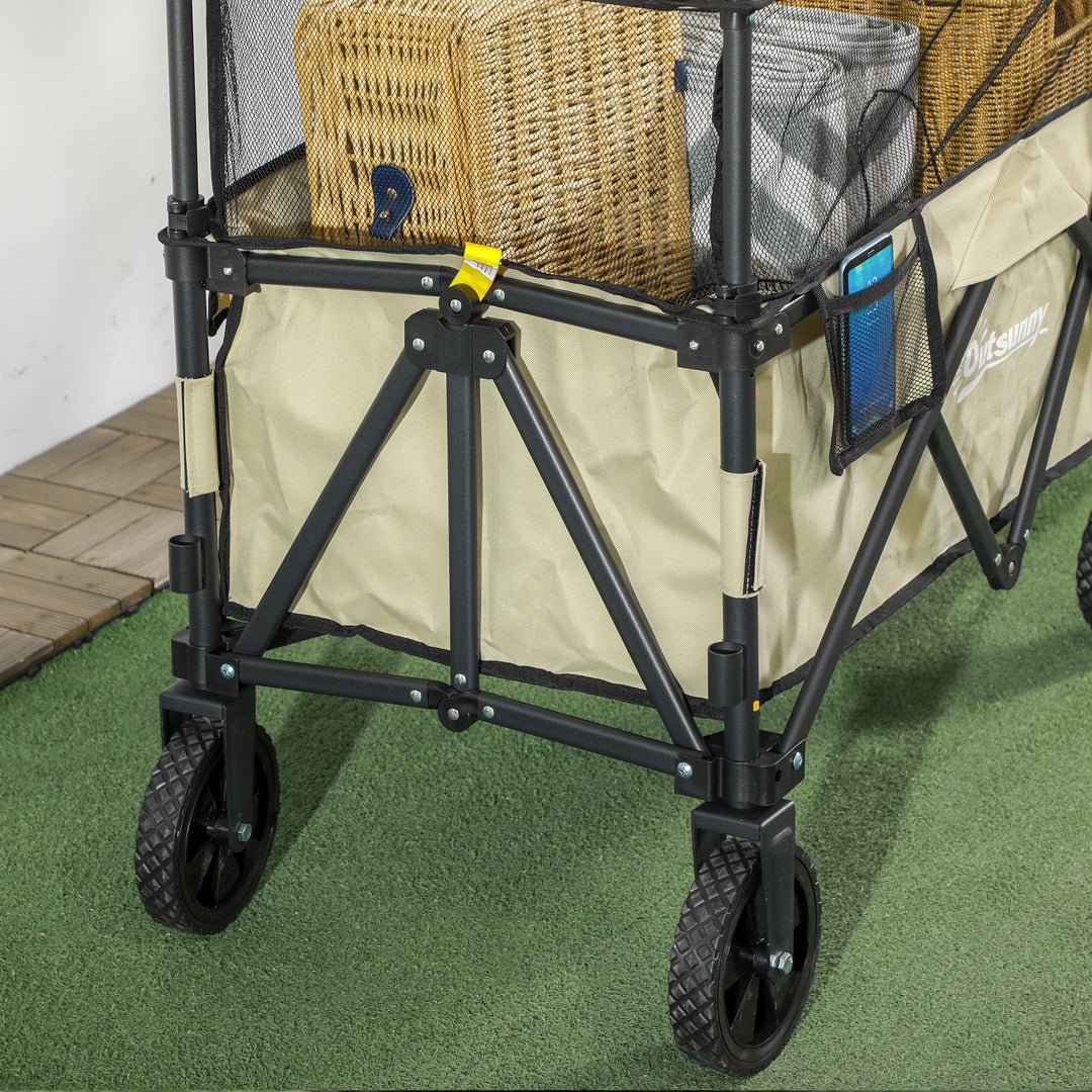 Outsunny Folding Trolley Wagon Cart, 180L with Extendable Side Walls for Beach, Camping, Festivals, Khaki
