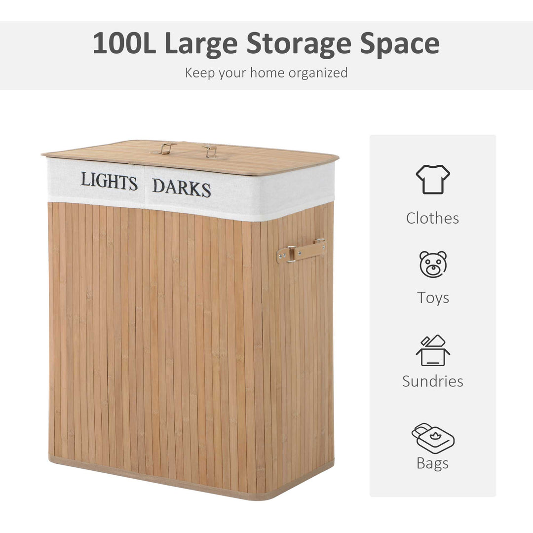 100L Collapsible Natural Wood Laundry Hamper Organizer Clothes Washing Basket Bin Storage Box w/Lid Removable Lining 52x32x63cm, Wood Color