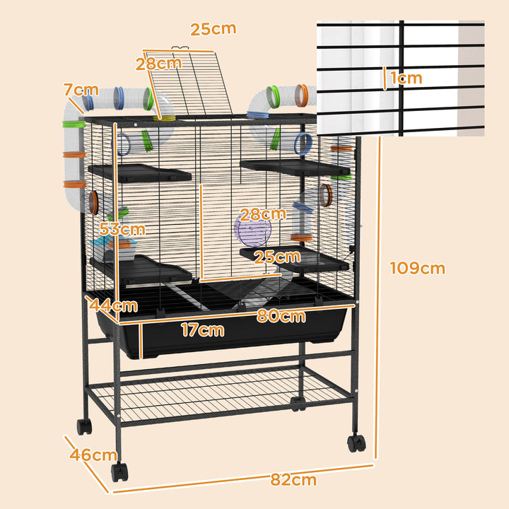 PawHut Large Hamster Cage Gerbil Cage with Tubes, Storage Shelf, Ramps, Platforms, Running Wheel - Black