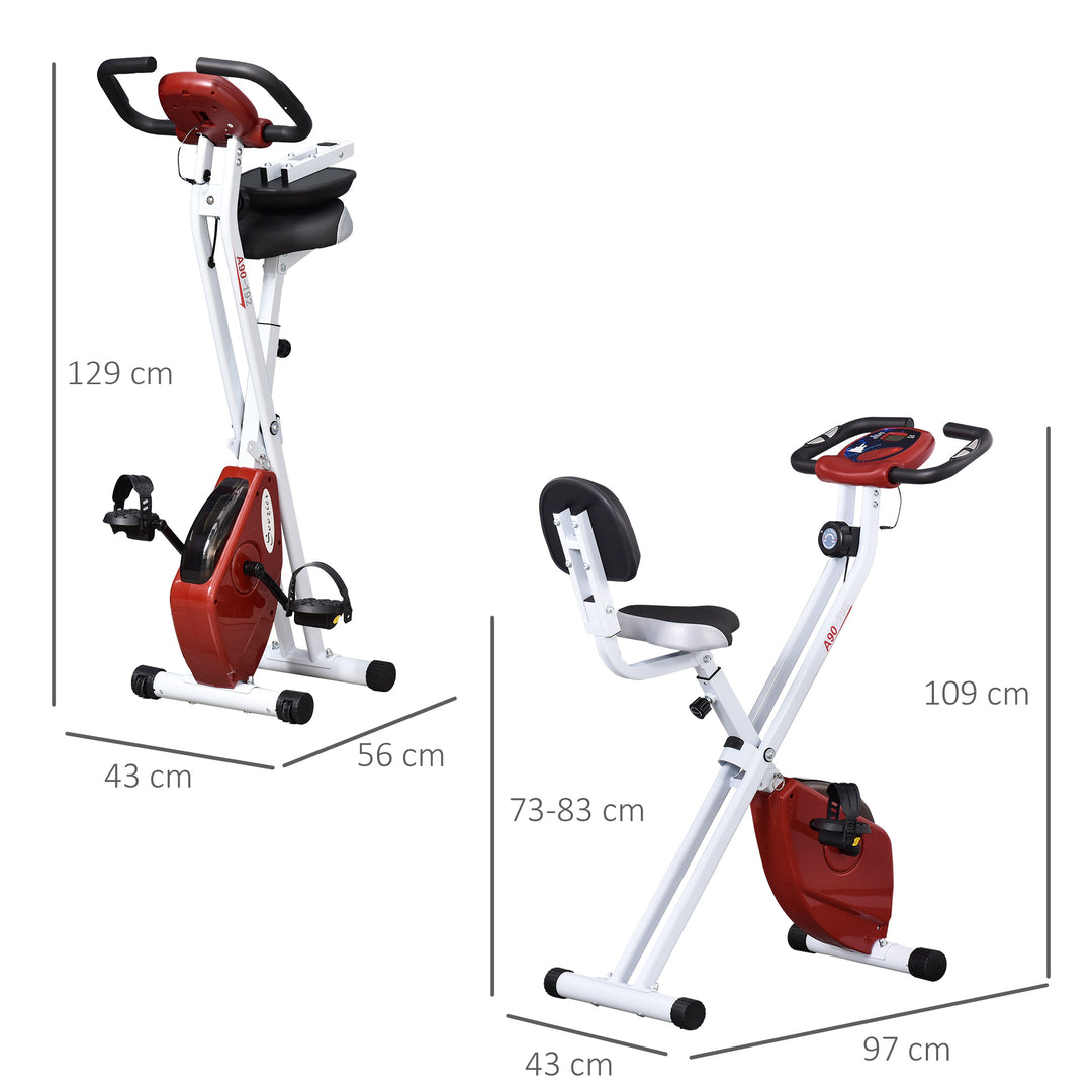 Folding Exercise Bike, Fitness Bicycle Indoor Trainer, 8-Level Magnetic Resistance Adjustable, with LCD Monitor, Pulse Sensor, Red