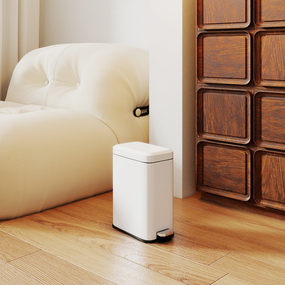 5L Rectangular Compact Bin Steel Body Removable Bucket Quiet-Close Lid w/ Pedal Lid Rubbish Trash Can Home Office Bedroom Bathroom Living Room Garbage Tidy Clean White