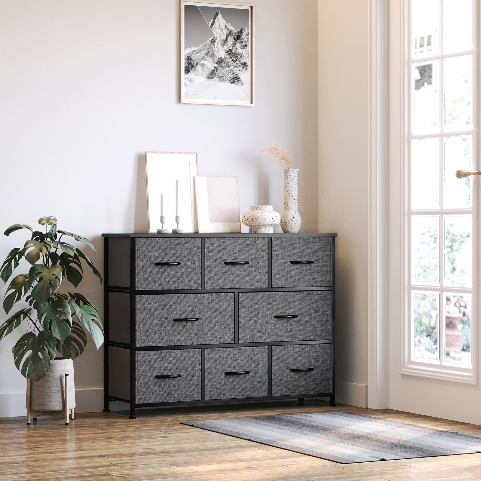 Chest of Drawers with 8 Foldable Drawers, 3-Tier Fabric Bedroom Dresser, Clothes Storage Unit for Bedroom Living Room, Dark Grey