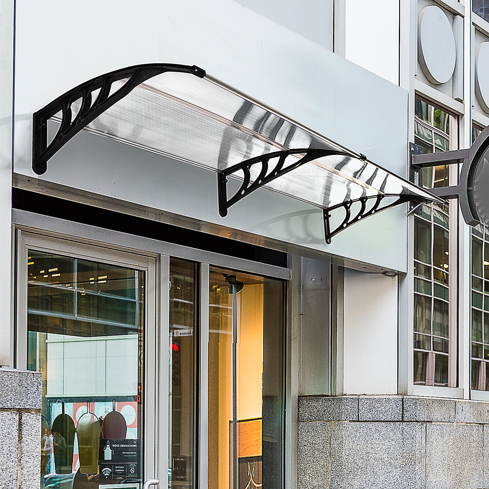 Front Door Canopy Outdoor Awning Aluminium Rigid Plastic Polycarbonate Rain Shelter UV Water Rain Resistant 75 x 195 cm White