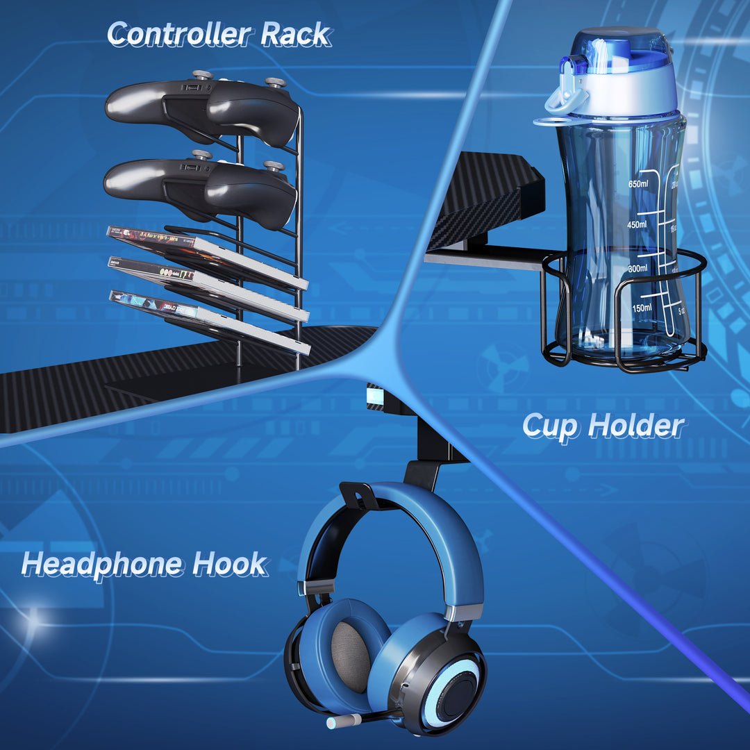 MCL RGB 120 x 66cm Gaming Desk, Computer Table with Carbon Fibre Surface, Headphone Hook, Cup Holder, Controller Rack, Home Office Desk, Black
