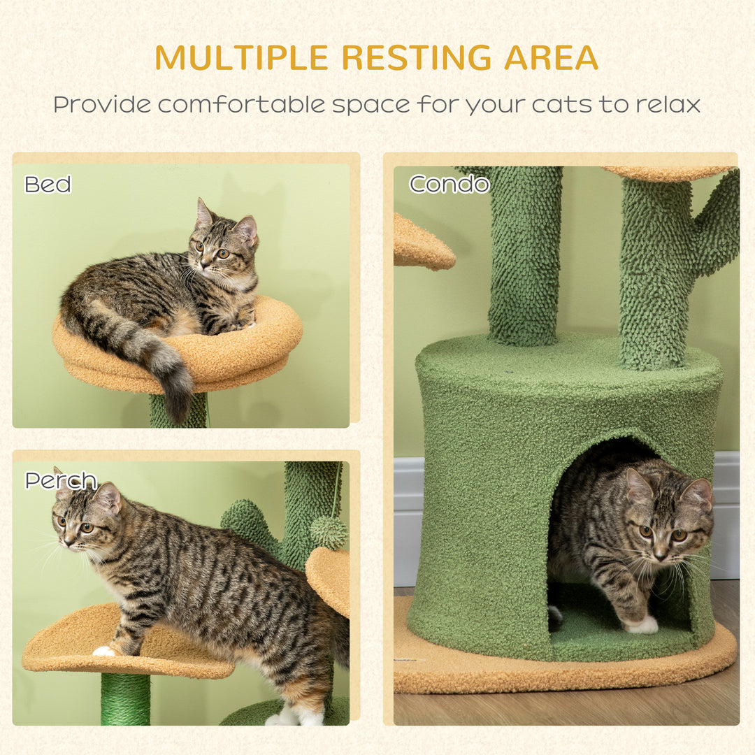 PawHut Cactus Cat Tree, 83cm Cat Climbing Tower, Kitten Activity Centre w/ Fleece House, Bed, Sisal Scratching Post & Hanging Ball, Green | Aosom UK