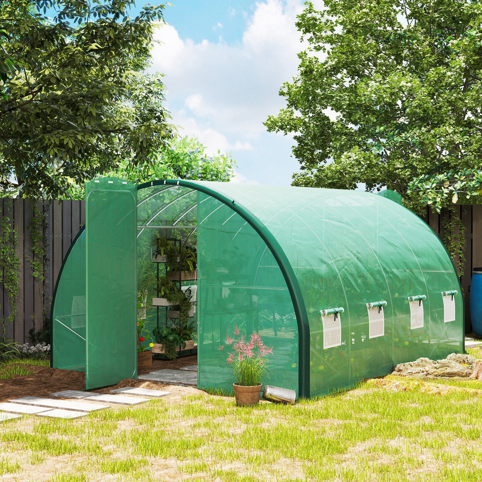 4 x 3(m) Polytunnel Greenhouse, with Windows and Doors - Green