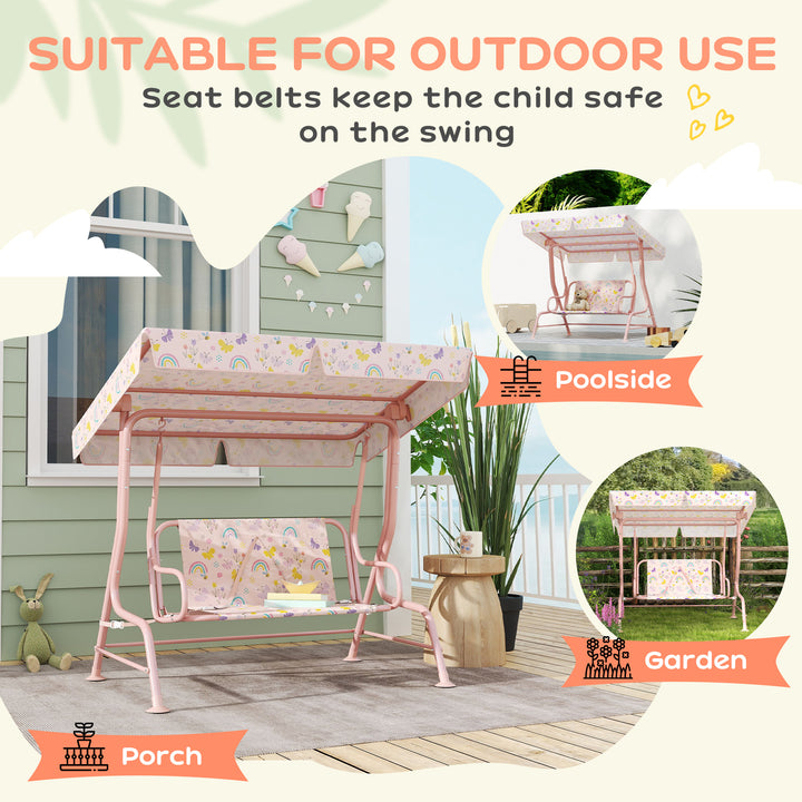AIYAPLAY Kids Garden Swing Chair with Adjustable Canopy, Safety Belt, 2 Seater Hammock Swing Bench for Patio, Porch, Pink
