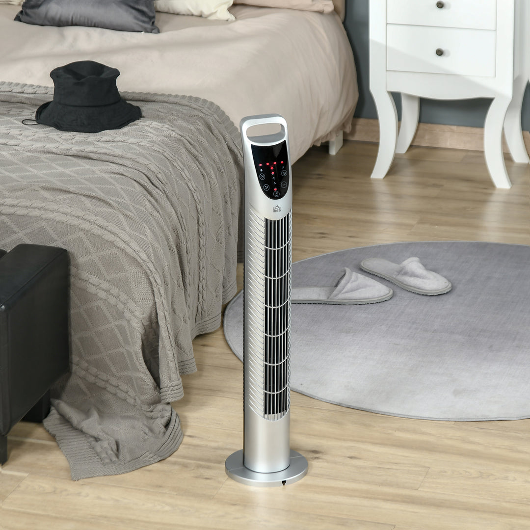 HOMCOM Oscillating Tower Fan, 3 Speeds, 3 Wind Modes, 40W with Remote Control, Timer, Quiet Operation, Silver, 78.5H cm | Aosom UK