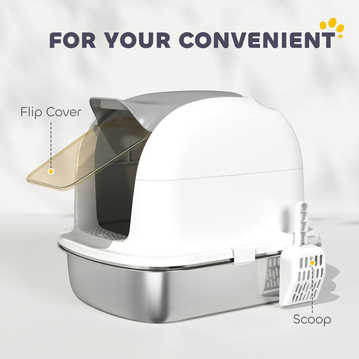 Stainless Steel Cat Litter Box with Lid, for Cats, Enclosed Cat Litter Box with Flip Cover, Scoop