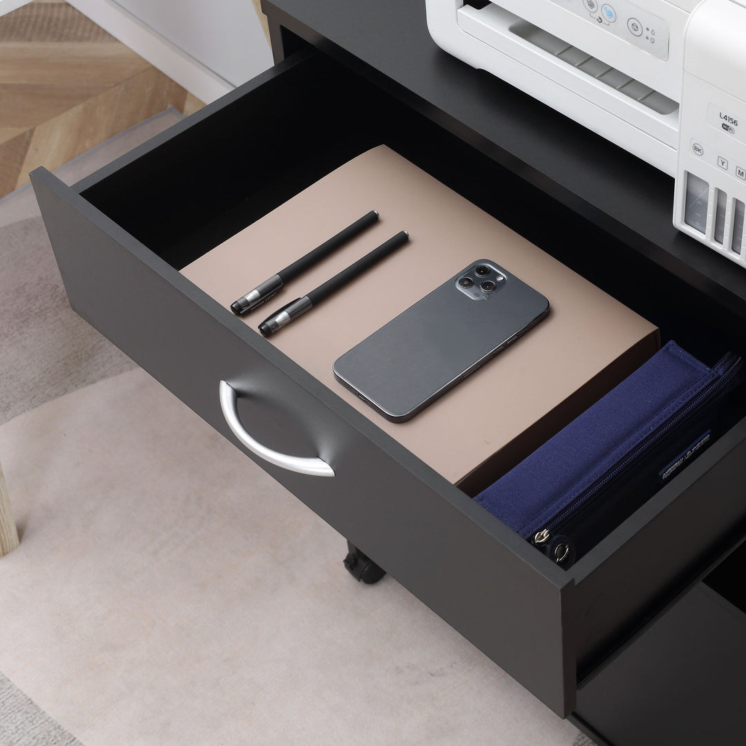 Printer Stand Mobile Printer Cabinet with Storage, Open Shelf, Drawer for Home Office, 60cm x 39cm x 80cm, Black