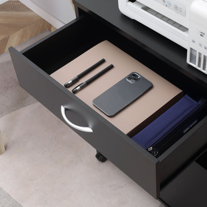 Printer Stand Mobile Printer Cabinet with Storage, Open Shelf, Drawer for Home Office, 60cm x 39cm x 80cm, Black