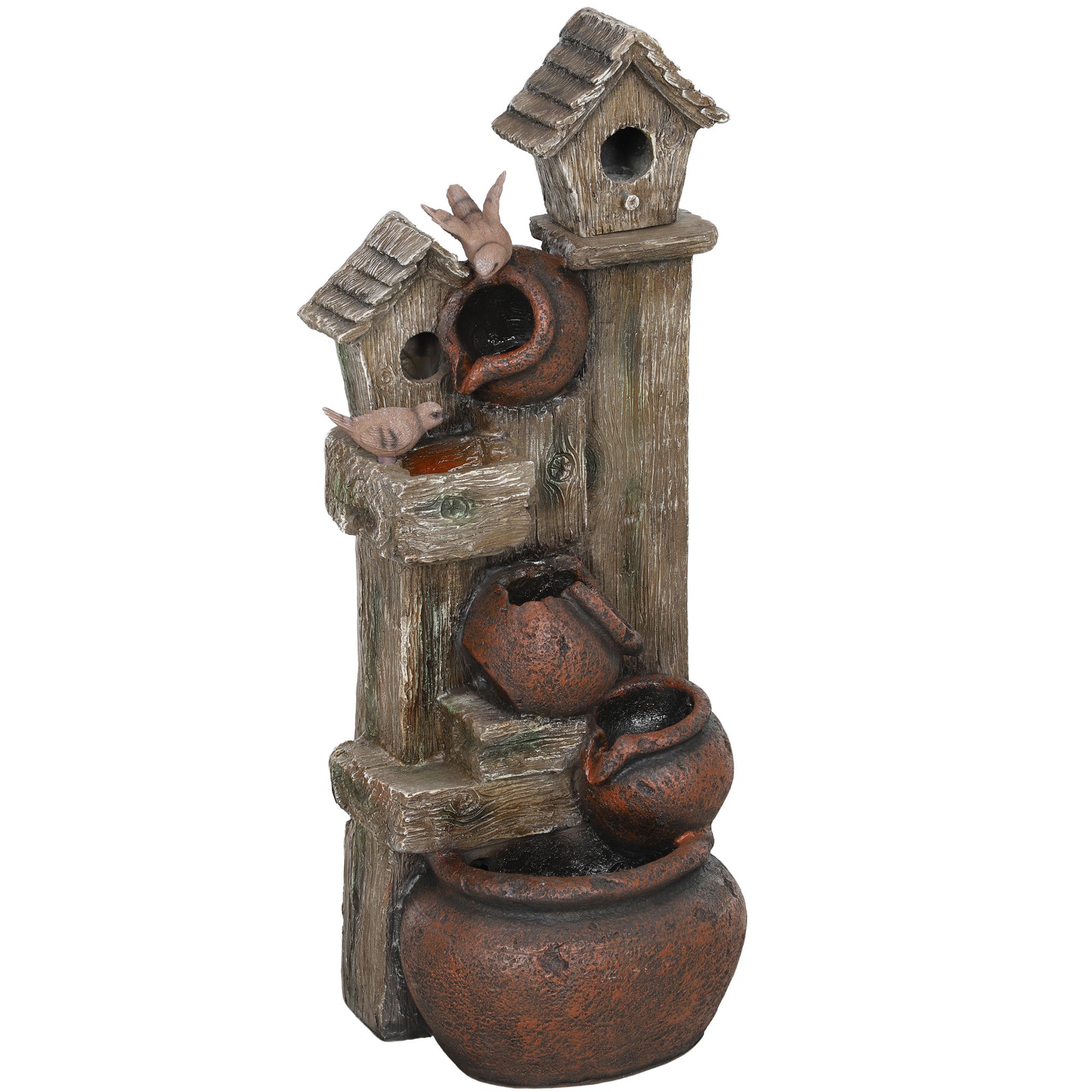 2-in-1 Waterfall Fountain with Birdhouse, Resin Garden Water Fountain with LED Lights Pump, Cascading Garden Water Feature with Tree Trunk Design, Multi-colour