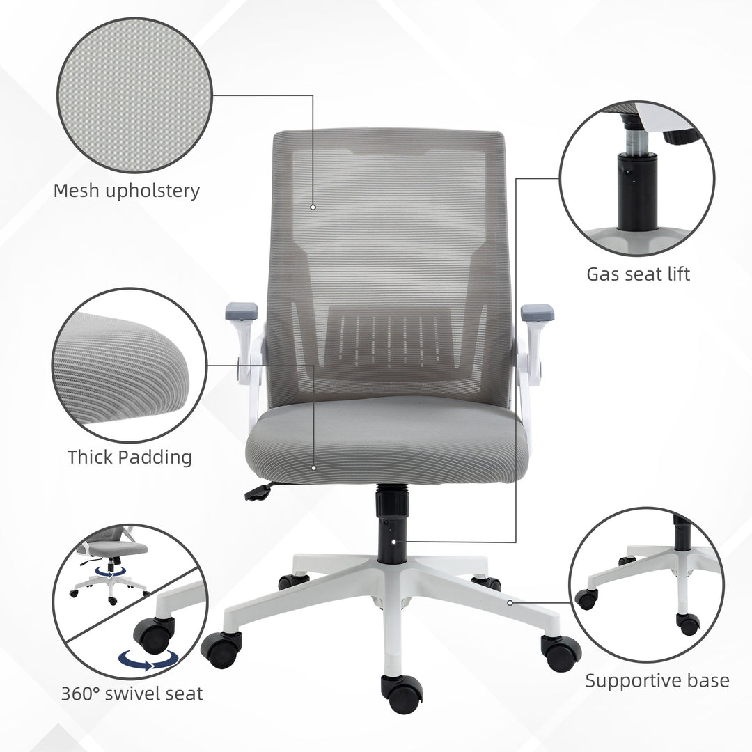 Mesh Office Chair, Desk Chair with Lumbar Support, Flip-up Armrest, Swivel Wheels, Adjustable Height, Grey