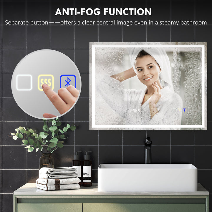 60 x 80 cm Anti-Fog LED Bathroom Mirror, with Bluetooth and Clock - Silver Tone