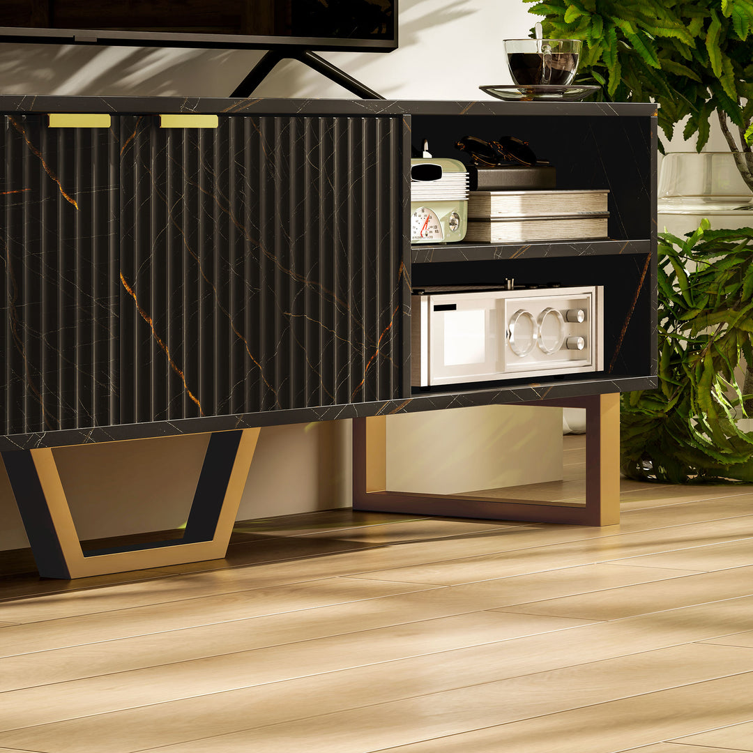 Marble Effect TV Unit, TV Stand Cabinet for up to 70" TVs, Modern TV Cabinet with Shelves and Storage Cupboard, Fluted Door, Extra Centre Leg, Cable Management for Living Room, Black