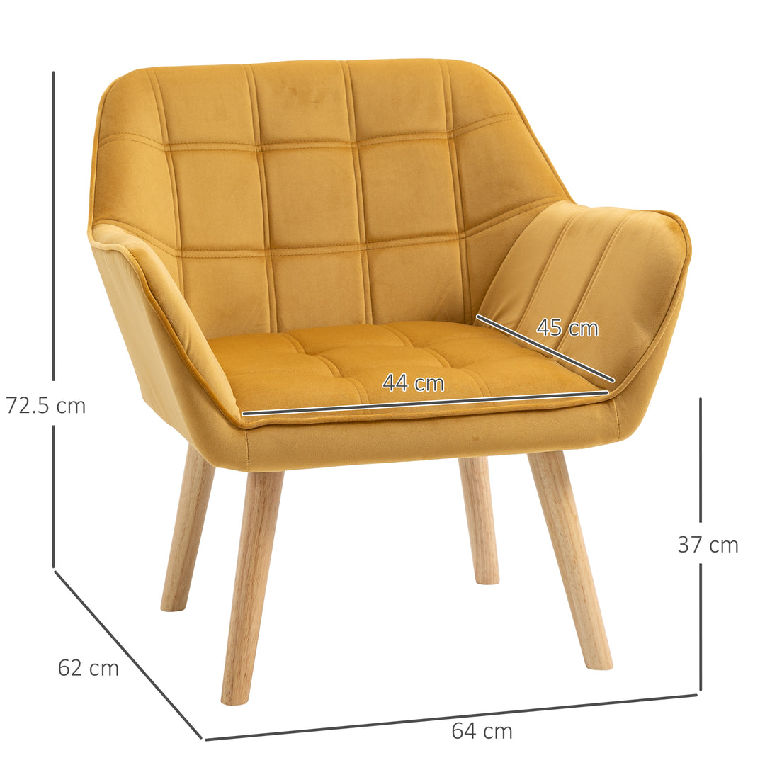 Armchair Accent Chair, Vanity Chair with Wide Arms, Slanted Back, Padding, Metal Frame, Wooden Legs, Home Bedroom Furniture Seating, Set of 2, Yellow
