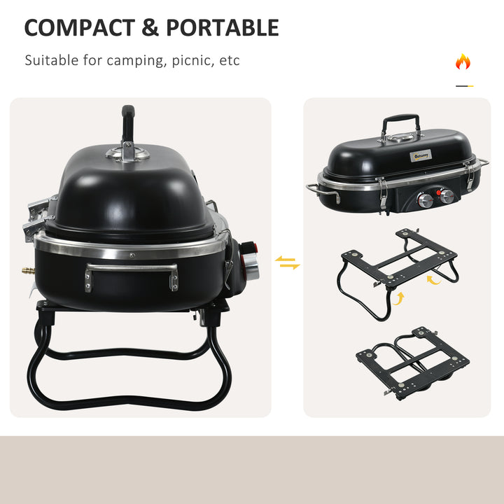 Foldable Gas BBQ Grill 2 Burner Table Top Barbecue with Lid Piezo Ignition Thermometer for Camping Picnic Cooking, Aluminium Alloy