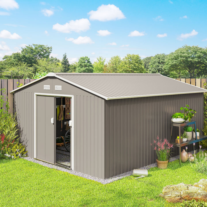 MCL 13 x 11ft Large Garden Shed, Mental Garden Storage Shed with Foundation Kit Ventilation & Doors, Light Grey