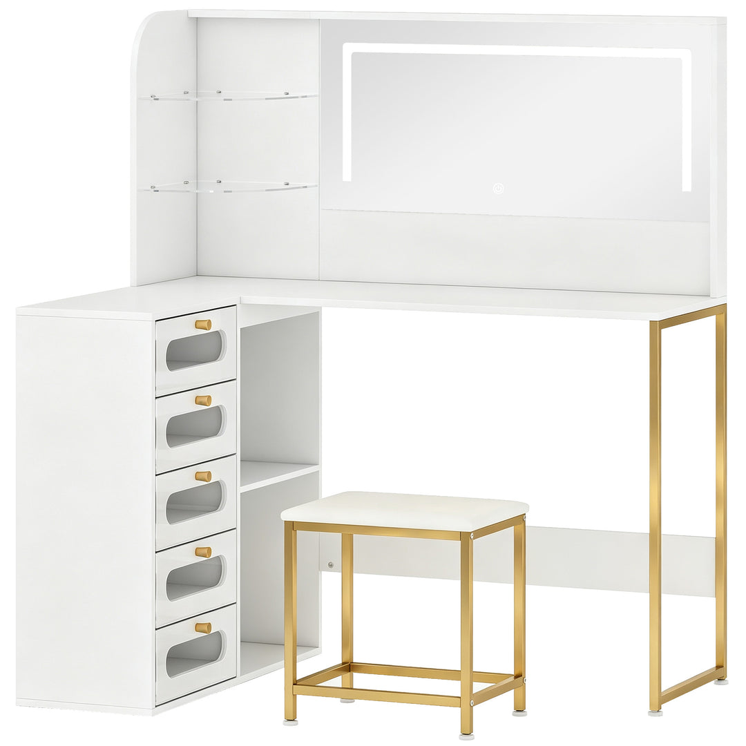 Dressing Table with LED Mirror and Stool, L-Shaped Vanity Desk with Dr