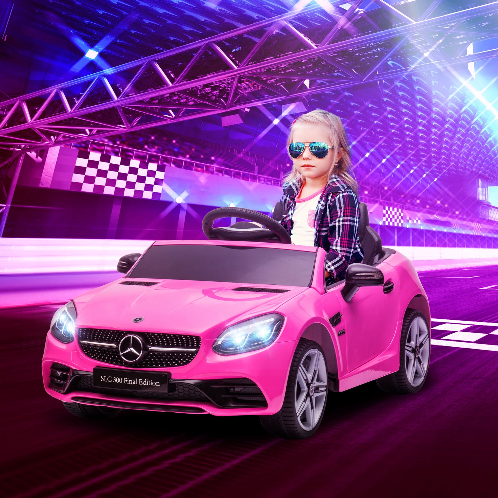 Benz SLC 300 Licensed 12V Kids Electric Ride On, with Music, Remote Control, LED Headlights, Horn, Pink