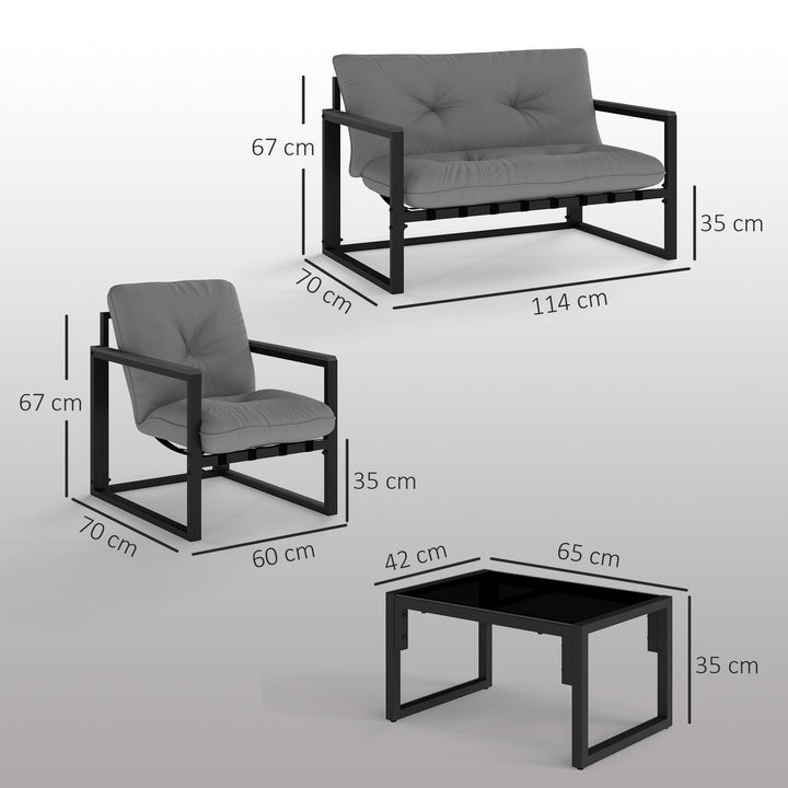 Garden Furniture Set, 4 Piece Indoor Outdoor Conservatory with Loveseat Sofa, Armchairs, Glass Top Coffee Table, Cushions for Balcony, Poolside, Patio, Dark Grey