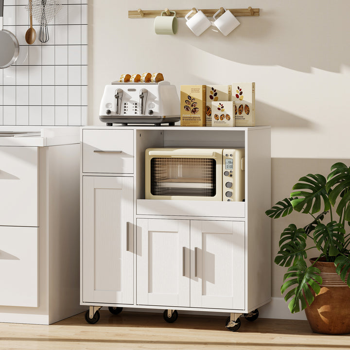 Rolling Kitchen Cart, Microwave Cabinet with Sliding Tray, Drawer, 3-D