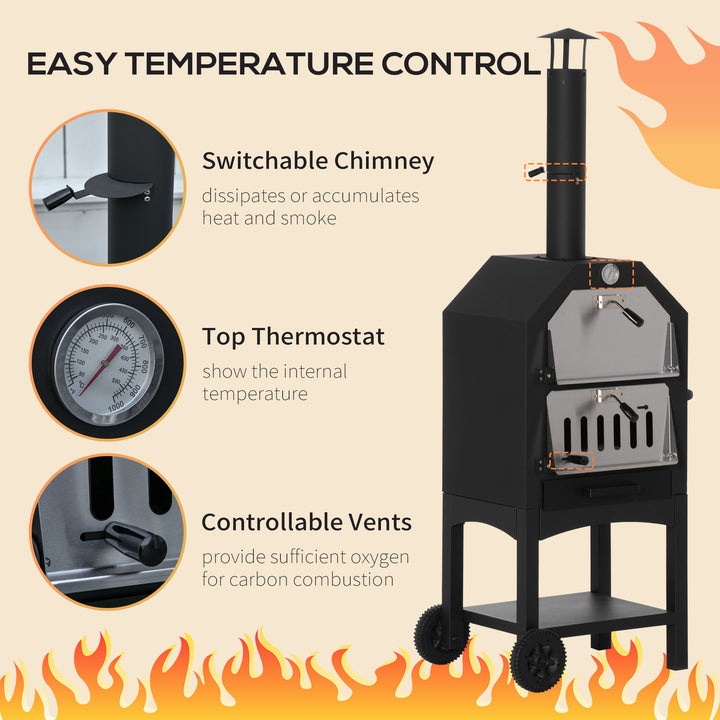 Outdoor Garden Pizza Oven Charcoal BBQ Grill 3-Tier Freestanding w/ Chimney, Mesh Shelf, Thermometer Handles, Wheels Garden Party Gathering Stainless Steel Cooker