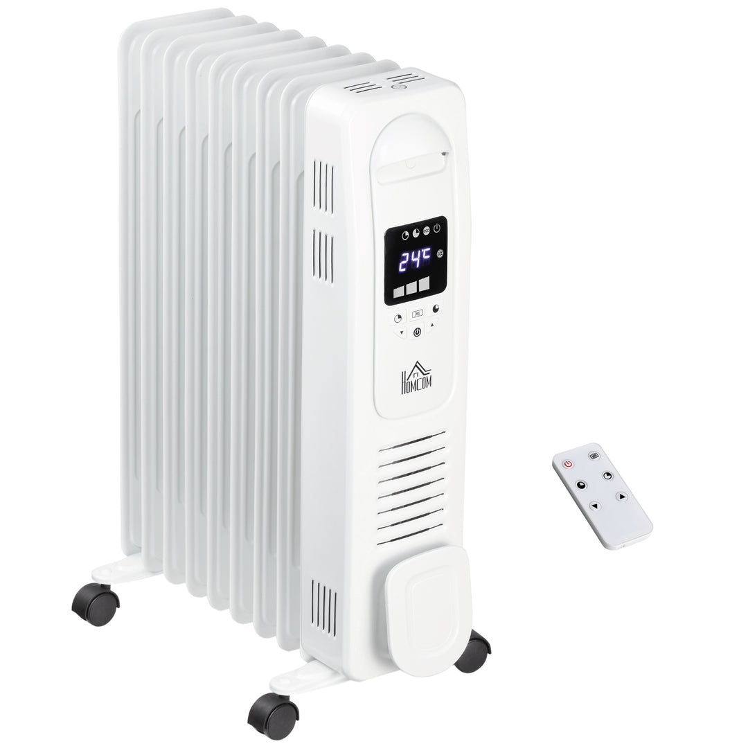 2000W Digital Oil Filled Radiator, 9 Fin, Portable Electric Heater with LED Display, Timer, 3 Heat Settings, Safety Cut-Off and Remote Control, White