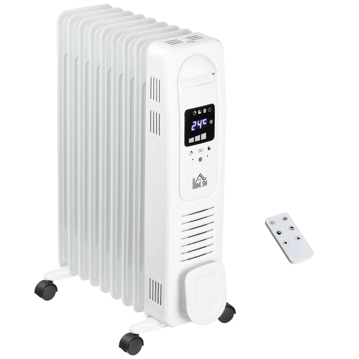 2000W Digital Oil Filled Radiator, 9 Fin, Portable Electric Heater with LED Display, Timer, 3 Heat Settings, Safety Cut-Off and Remote Control, White