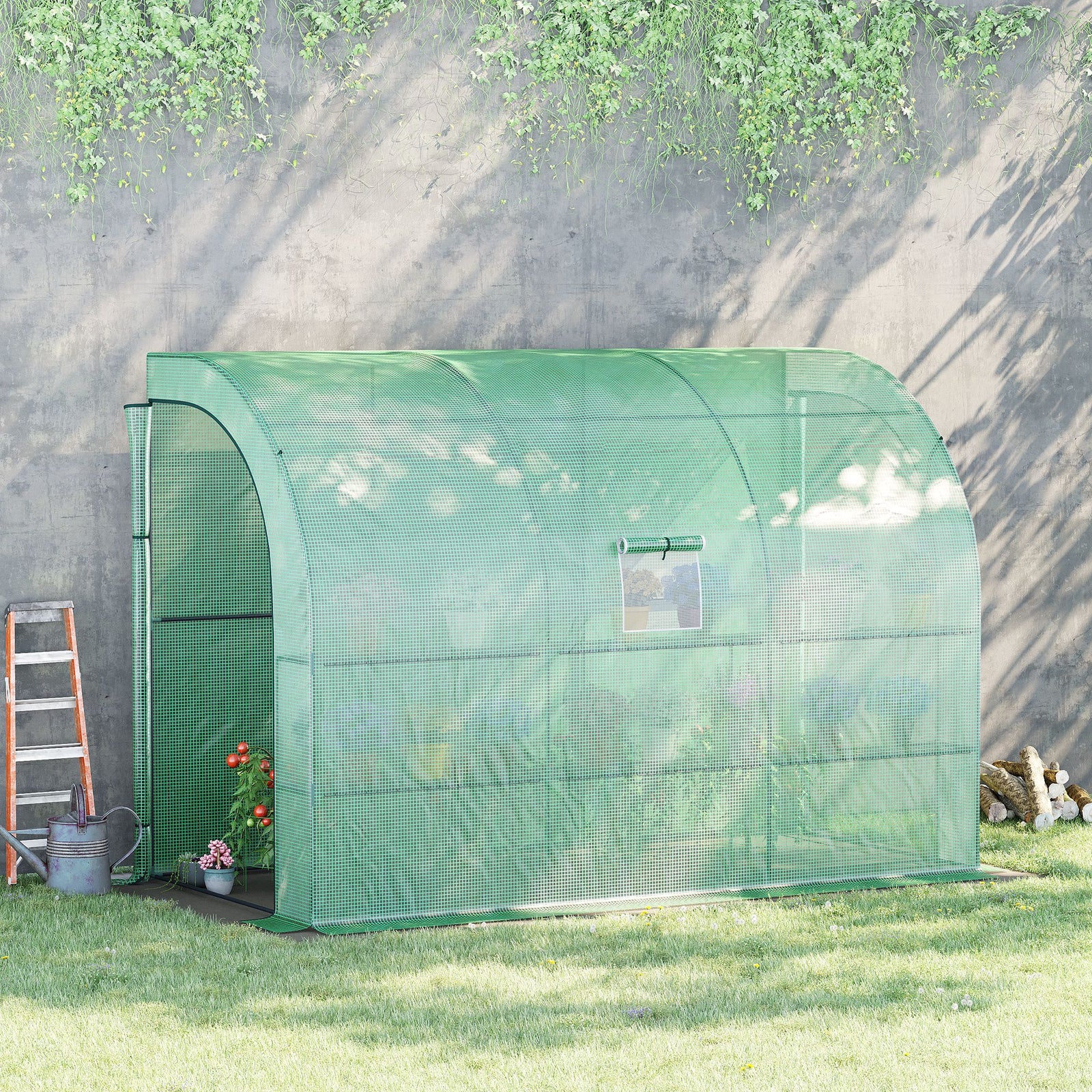 Walk-In Lean to Greenhouse with Windows and Zippered Doors, 2 Tiers 6 Wired Shelves 300L x 150W x 213Hcm Green