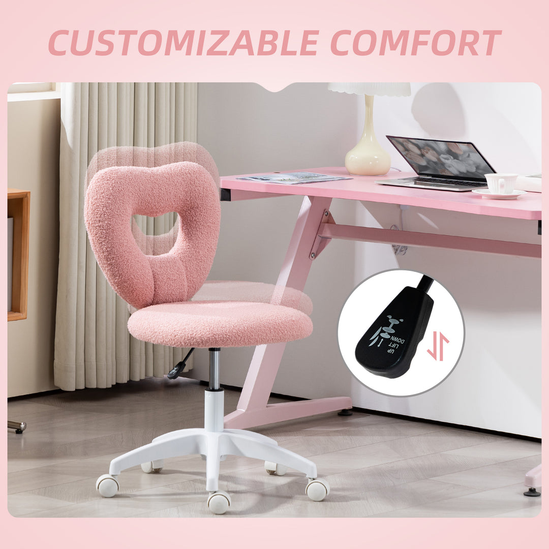 Armless Heart Computer Desk Chair, Teddy Fleece Swivel Office Chair, Makeup Vanity Chair with Height Adjustable, Wheels, for Home Study Bedroom, Pink