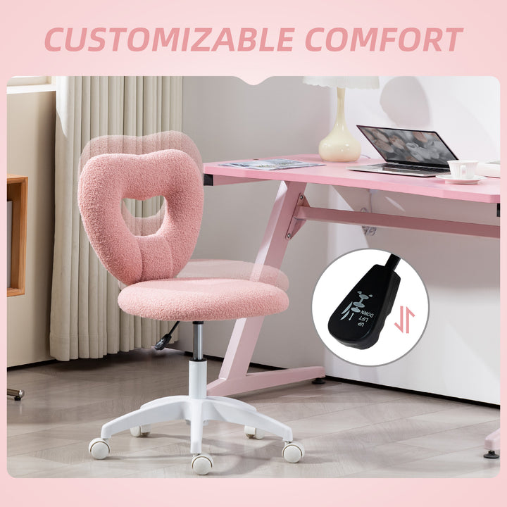 Armless Heart Computer Desk Chair, Teddy Fleece Swivel Office Chair, Makeup Vanity Chair with Height Adjustable, Wheels, for Home Study Bedroom, Pink