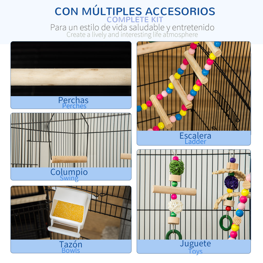 PawHut Bird Cage with Accessories, Suitable for Budgies, Finches, Canaries, Includes Toys, Tray, Handle, 46 x 36 x 100 cm, Black | Aosom UK