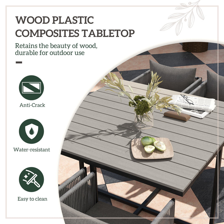 4 Seater Rattan Cube Garden Furniture Set, Rattan Dining Set with Cushions, Outdoor Dining Table and Chairs with Rectangular Wood Grain Plastic Top Table for Patio, Balcony, Grey