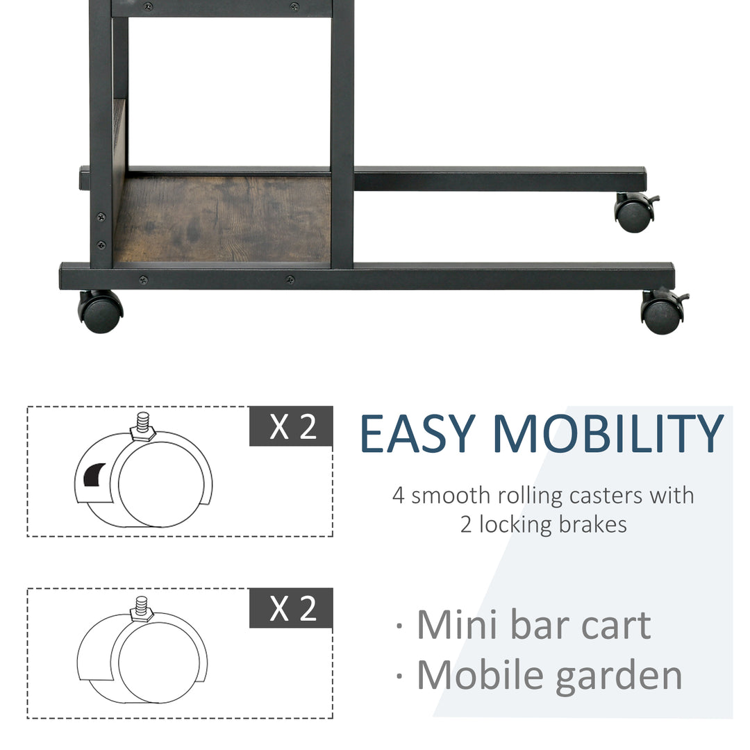 C-Shaped Side Table Industrial Mobile Rolling End Desk with 3-Tier Storage Shelving, Adjustable Height, Wheels