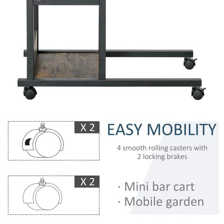C-Shaped Side Table Industrial Mobile Rolling End Desk with 3-Tier Storage Shelving, Adjustable Height, Wheels